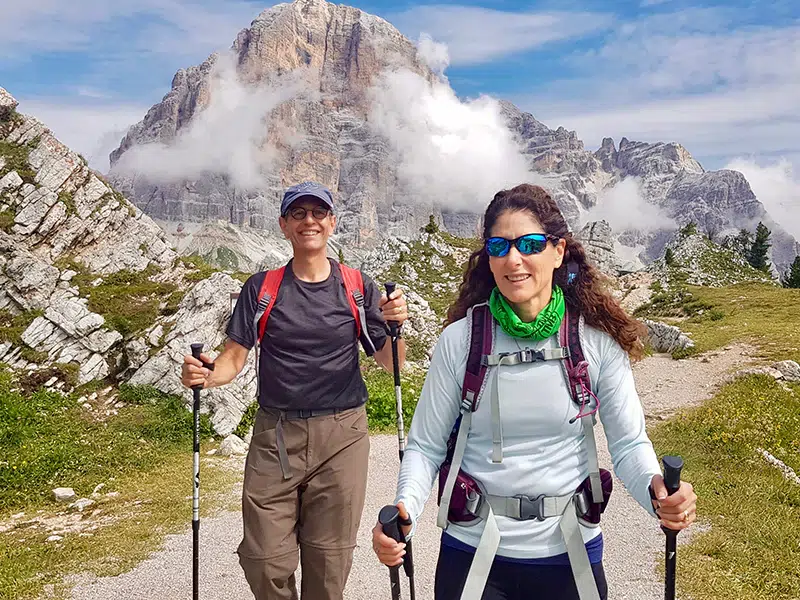 Monte Pelmo peak in the Dolomites Italy two happy hikers