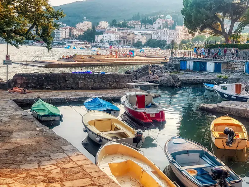 Town of Opatija small harbor at sunset, Kvarner bay of Croatia
