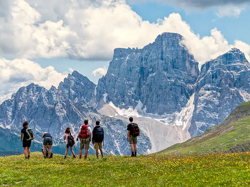 trekking with awesome view meadow mount Pelmo Alps Dolomites mountains